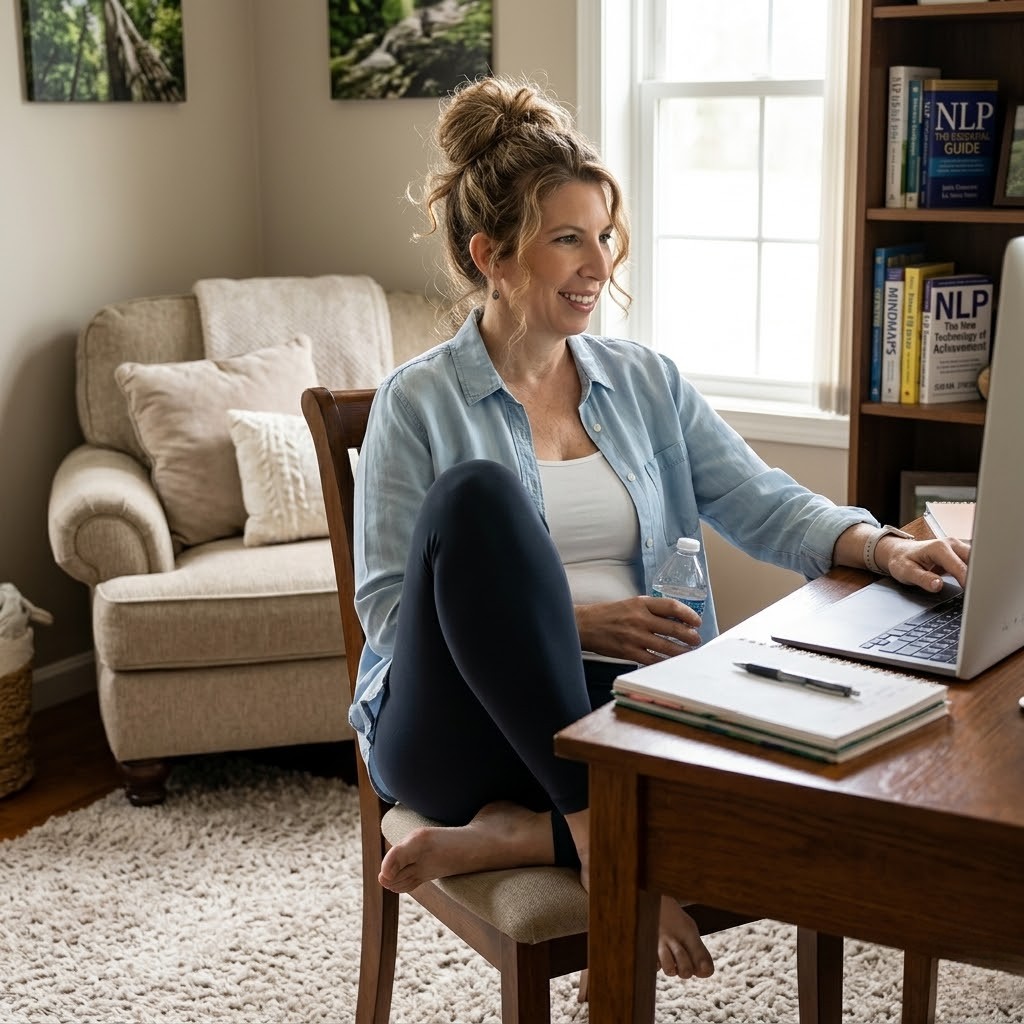 Tracy Hoobyar working at her desk, helping business owners design intentional businesses