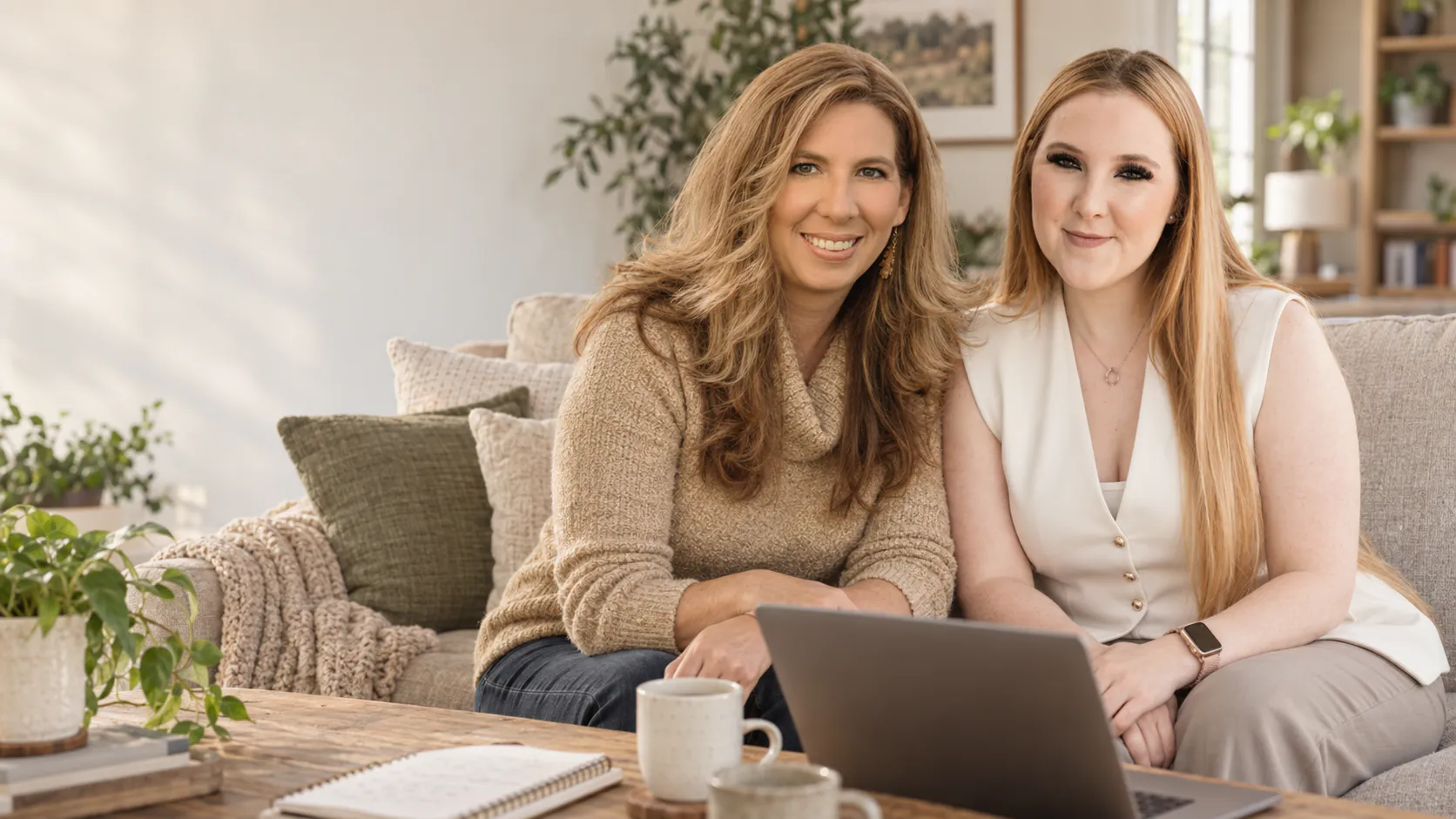 Tracy and Hannah sitting together on a sofa with a laptop in a comfortable home workspace.
