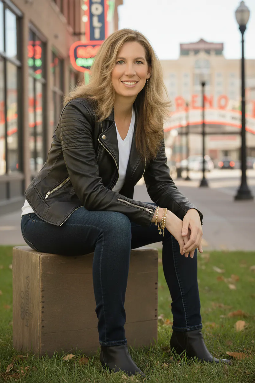 Tracy Hoobyar seated outdoors in Reno, wearing a black jacket.