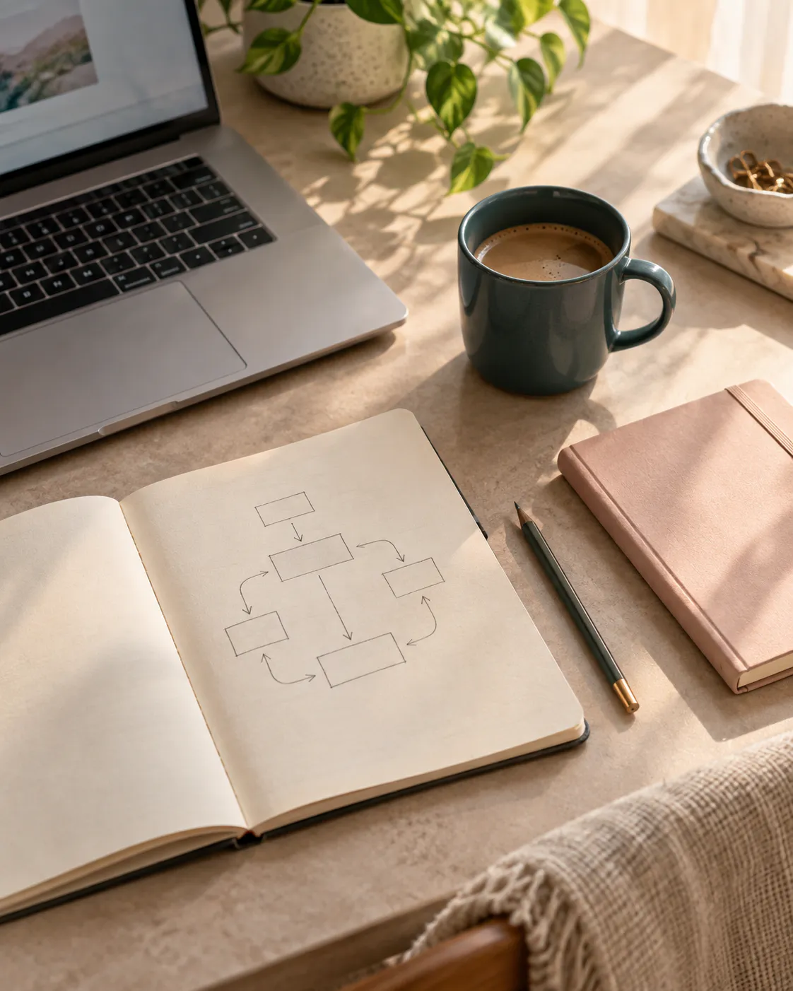 A sunlit workspace with a laptop, coffee, and an open notebook showing a simple workflow.
